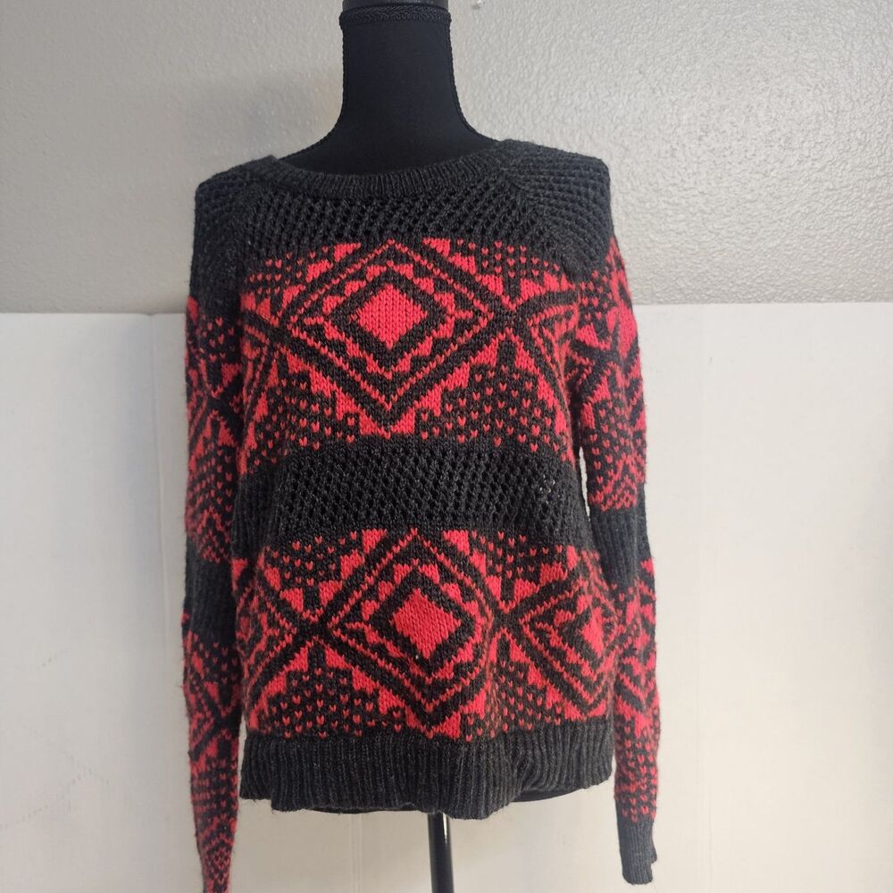 American Eagle Red Black Sweater Sz XL Pullover Crochet Boho Fair Isle R0568